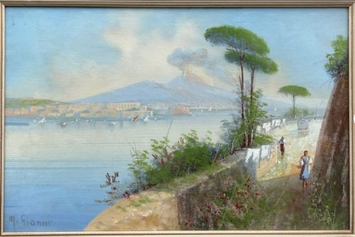 fig 1. M (Maria) Gianni Signed Original early 20th Century Italian Gouache Painting Amalfi Coast & Mount Vesuvius Italian Landscape