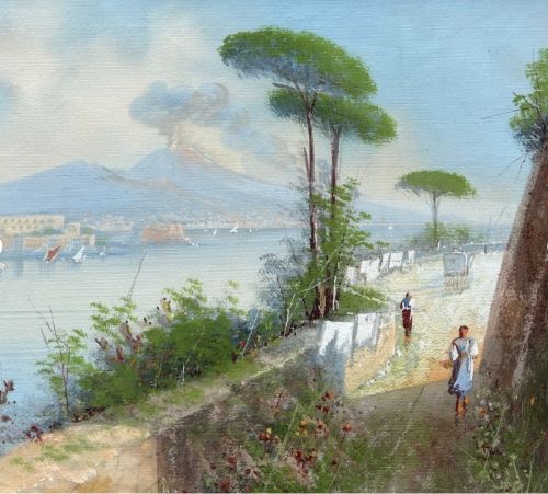 fig 3. M (Maria) Gianni Signed Original early 20th Century Italian Gouache Painting Amalfi Coast & Mount Vesuvius Italian Landscape