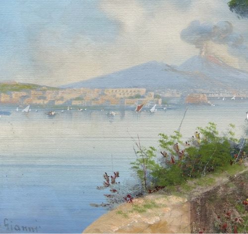 fig 4. M (Maria) Gianni Signed Original early 20th Century Italian Gouache Painting Amalfi Coast & Mount Vesuvius Italian Landscape