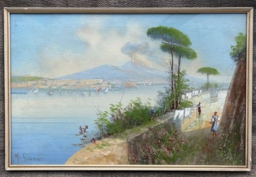 fig 5. M (Maria) Gianni Signed Original early 20th Century Italian Gouache Painting Amalfi Coast & Mount Vesuvius Italian Landscape