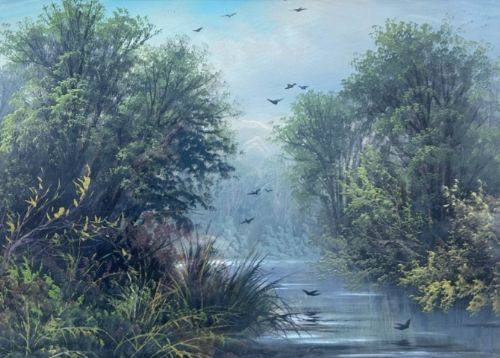 T FAIRFAX 1918 SIGNED ORIGINAL EARLY 20TH CENTURY ANTIQUE OIL PAINTING ON BOARD RIVER TREE LANDSCAPE