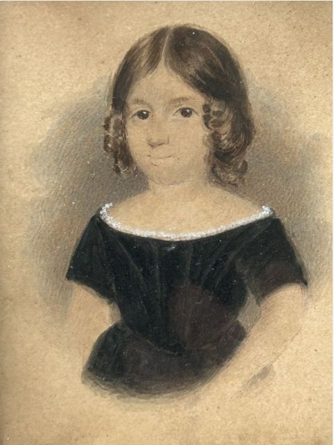 fig 1. An early nineteenth-century watercolour portrait miniature of a young girl with brown hair, presented in a square ebonised frame with a gilt inner slip and top brass hanger.