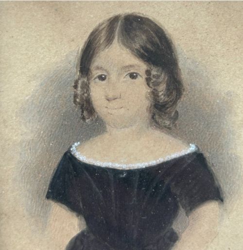 fig 5. An early nineteenth-century watercolour portrait miniature of a young girl with brown hair, presented in a square ebonised frame with a gilt inner slip and top brass hanger.