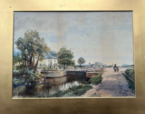 fig 1. Monogrammed late 19th Century Antique Original Victorian Watercolour Painting Boat House Lock dated 1886
