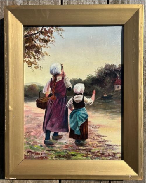 fig 1. A Brown 1914 Signed Original early 20th Century Antique Oil Painting on Canvas 2 Girls Hailing the Ferry English Landscape