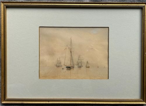 fig 1. A 19th-century Victorian watercolour painting depicted in warm sepia tones, featuring several sailing ships and boats anchored on calm waters.