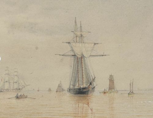 fig 1. A nineteenth-century framed watercolour sketch depicting tall ships and small boats on calm waters in sepia tones, encased within a cream card mount and thin gold-coloured frame.