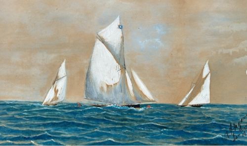 AMERICAN SCHOOL SIGNED DATED 1896 ORIGINAL 19TH CENTURY ORIGINAL WATERCOLOUR PAINTING RACING YACHTS SAN FRANCISCO AMERICAN SEASCAPE