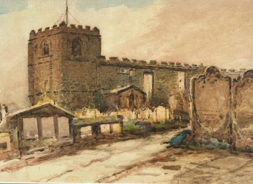 fig 1. A framed circa 1900 watercolour painting depicting St Marys Church and surrounding gravestones in Whitby, presented in a mount with a dark wood and gold frame.