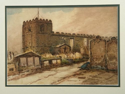 fig 2. A framed circa 1900 watercolour painting depicting St Marys Church and surrounding gravestones in Whitby, presented in a mount with a dark wood and gold frame.