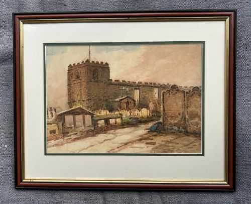 fig 3. A framed circa 1900 watercolour painting depicting St Marys Church and surrounding gravestones in Whitby, presented in a mount with a dark wood and gold frame.