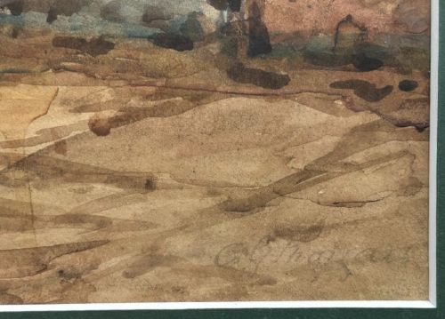 A framed circa 1900 watercolour painting depicting St Marys Church and surrounding gravestones in Whitby, presented in a mount with a dark wood and gold frame. View VII