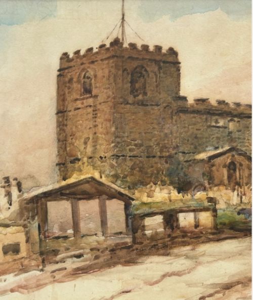 A framed circa 1900 watercolour painting depicting St Marys Church and surrounding gravestones in Whitby, presented in a mount with a dark wood and gold frame. View VIII