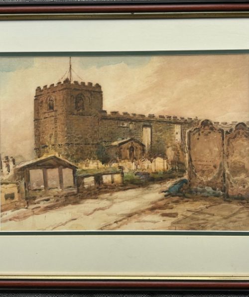 A framed circa 1900 watercolour painting depicting St Marys Church and surrounding gravestones in Whitby, presented in a mount with a dark wood and gold frame. View IX