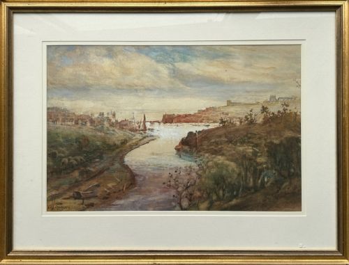 fig 1. An original watercolour painting depicting a winding river leading towards a distant coastal harbour town with buildings and an abbey on the hill under a soft cloudy sky.