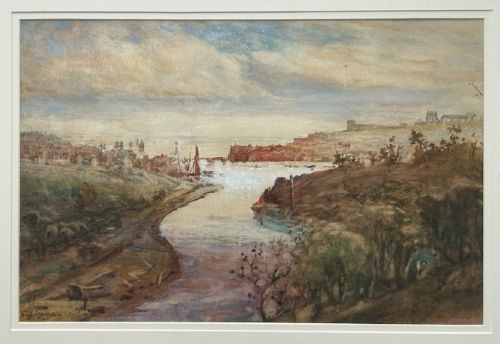 An original watercolour painting depicting a winding river leading towards a distant coastal harbour town with buildings and an abbey on the hill under a soft cloudy sky. View IV