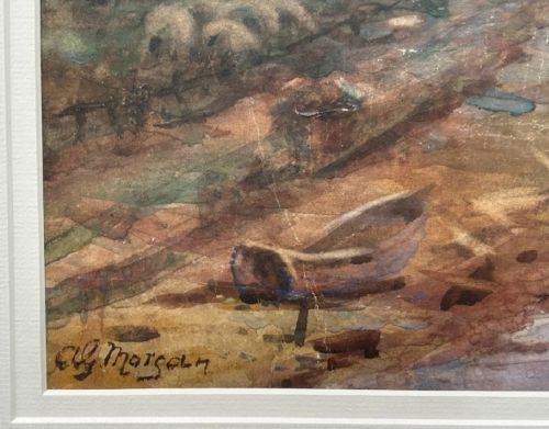 An original watercolour painting depicting a winding river leading towards a distant coastal harbour town with buildings and an abbey on the hill under a soft cloudy sky. View V
