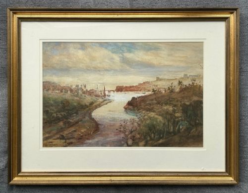 An original watercolour painting depicting a winding river leading towards a distant coastal harbour town with buildings and an abbey on the hill under a soft cloudy sky. View VII