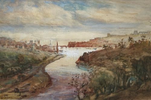 An original watercolour painting depicting a winding river leading towards a distant coastal harbour town with buildings and an abbey on the hill under a soft cloudy sky. View VIII