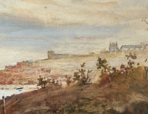 An original watercolour painting depicting a winding river leading towards a distant coastal harbour town with buildings and an abbey on the hill under a soft cloudy sky. View IX