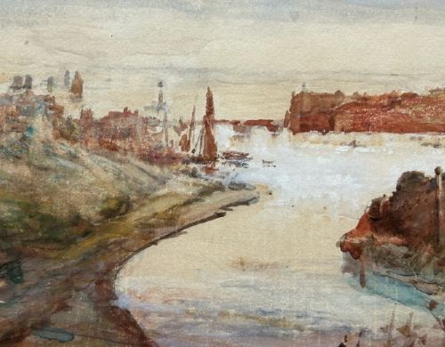 An original watercolour painting depicting a winding river leading towards a distant coastal harbour town with buildings and an abbey on the hill under a soft cloudy sky. View X