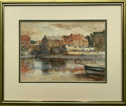 fig 1. An antique watercolour painting depicting a historical harbour dockyard in Whitby with brick buildings, water reflections, and a small boat in the foreground.