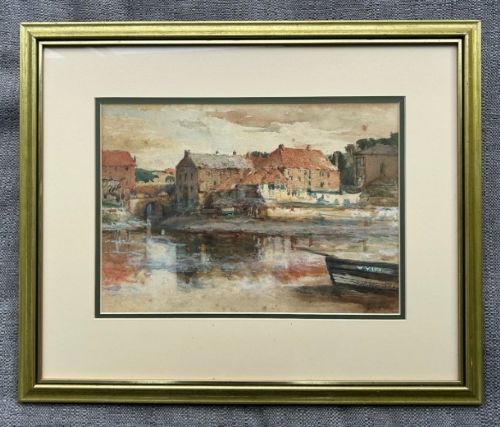 fig 3. An antique watercolour painting depicting a historical harbour dockyard in Whitby with brick buildings, water reflections, and a small boat in the foreground.