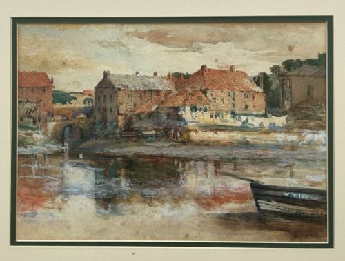An antique watercolour painting depicting a historical harbour dockyard in Whitby with brick buildings, water reflections, and a small boat in the foreground. View V