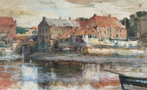 An antique watercolour painting depicting a historical harbour dockyard in Whitby with brick buildings, water reflections, and a small boat in the foreground. View VI