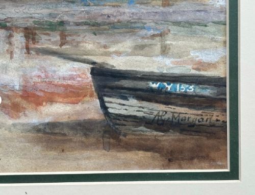 An antique watercolour painting depicting a historical harbour dockyard in Whitby with brick buildings, water reflections, and a small boat in the foreground. View VIII