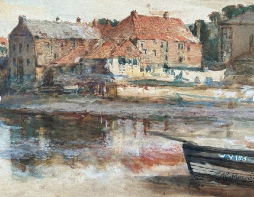 An antique watercolour painting depicting a historical harbour dockyard in Whitby with brick buildings, water reflections, and a small boat in the foreground. View IX