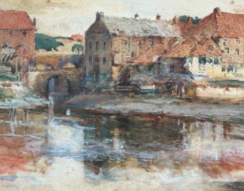 An antique watercolour painting depicting a historical harbour dockyard in Whitby with brick buildings, water reflections, and a small boat in the foreground. View X