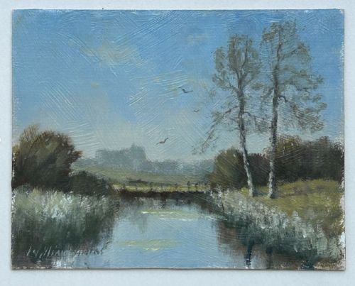 WILLIAM BURNS SIGNED ORIGINAL MID 20TH CENTURY BRITISH OIL PAINTING ON BOARD ALNWICK CASTLE LANDSCAPE NORTHUMBERLAND LANDSCAPE - ADDITIONAL PHOTO 1
