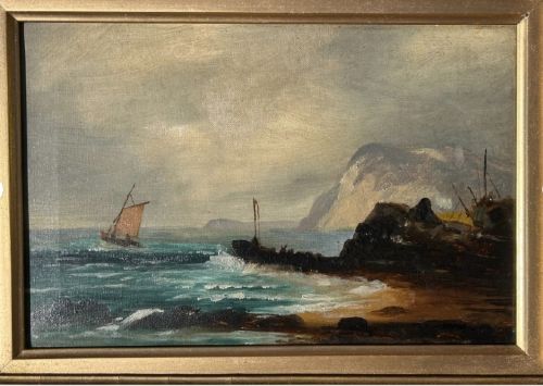 fig 1. Original 19th Century British Antique Oil Painting on Canvas Fishing Boat & Harbour English Seascape