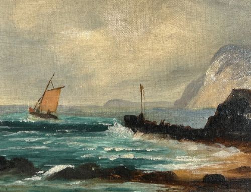 Original 19th Century British Antique Oil Painting on Canvas Fishing Boat & Harbour English Seascape View III