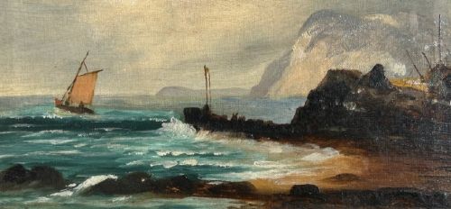 Original 19th Century British Antique Oil Painting on Canvas Fishing Boat & Harbour English Seascape View IV