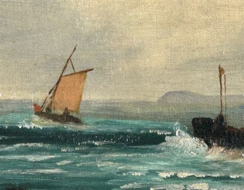 Original 19th Century British Antique Oil Painting on Canvas Fishing Boat & Harbour English Seascape View V