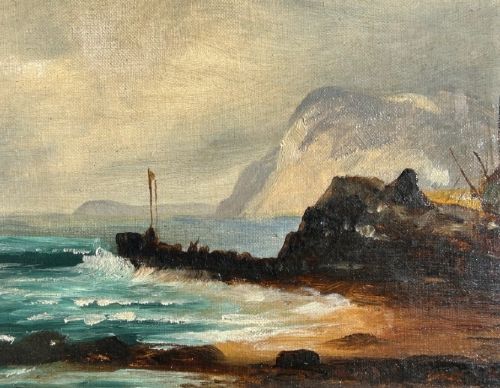 Original 19th Century British Antique Oil Painting on Canvas Fishing Boat & Harbour English Seascape View VI