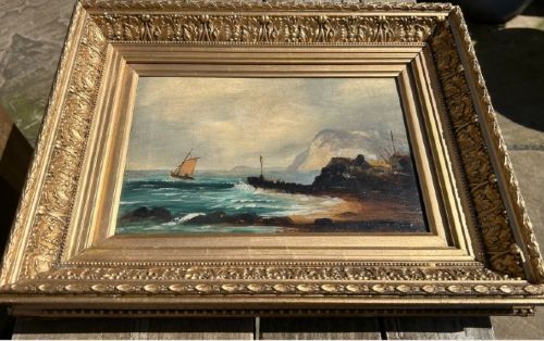 Original 19th Century British Antique Oil Painting on Canvas Fishing Boat & Harbour English Seascape View VII