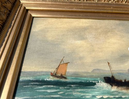 Original 19th Century British Antique Oil Painting on Canvas Fishing Boat & Harbour English Seascape View VIII