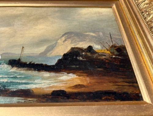 Original 19th Century British Antique Oil Painting on Canvas Fishing Boat & Harbour English Seascape View IX