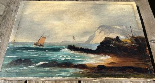 Original 19th Century British Antique Oil Painting on Canvas Fishing Boat & Harbour English Seascape View XI