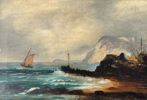 Original 19th Century British Antique Oil Painting on Canvas Fishing Boat & Harbour English Seascape View XII