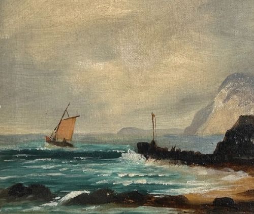 Original 19th Century British Antique Oil Painting on Canvas Fishing Boat & Harbour English Seascape View XIII