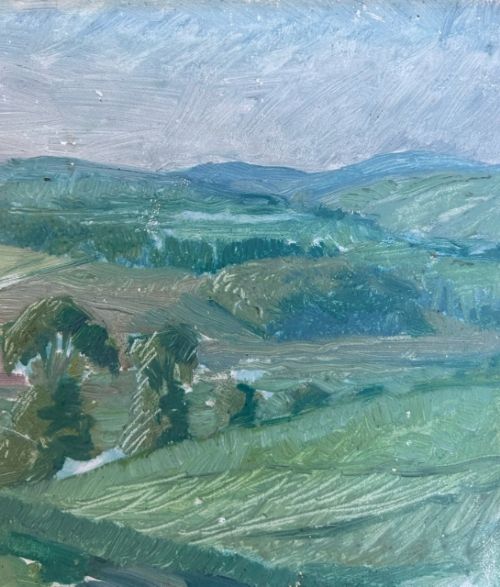 HUBERT WELLINGTON ORIGINAL EARLY 20TH CENTURY BRITISH OIL PAINTING ON WOOD PANEL CARDIGANSHIRE VALLEY WELSH LANDSCAPE - ADDITIONAL PHOTO 4