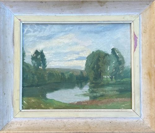 HUBERT WELLINGTON ORIGINAL EARLY 20TH CENTURY BRITISH VINTAGE OIL PAINTING ON WOOD PANEL GLOUCESTERSHIRE RIVER LANDSCAPE - ADDITIONAL PHOTO 1