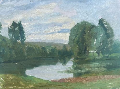 HUBERT WELLINGTON ORIGINAL EARLY 20TH CENTURY BRITISH VINTAGE OIL PAINTING ON WOOD PANEL GLOUCESTERSHIRE RIVER LANDSCAPE - ADDITIONAL PHOTO 2