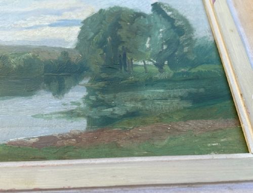 HUBERT WELLINGTON ORIGINAL EARLY 20TH CENTURY BRITISH VINTAGE OIL PAINTING ON WOOD PANEL GLOUCESTERSHIRE RIVER LANDSCAPE - ADDITIONAL PHOTO 5
