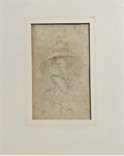 ATTRIBUTED TO SIR JOSHUA REYNOLDS ORIGINAL MID 18TH CENTURY ANTIQUE SIGNED WATERCOLOUR PAINTING WASH SKETCH OF A YOUNG LADY WEARING A FEATHER HAT - ADDITIONAL PHOTO 1