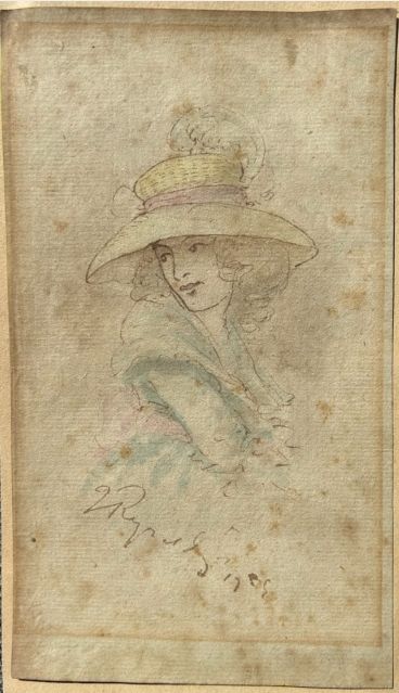 ATTRIBUTED TO SIR JOSHUA REYNOLDS ORIGINAL MID 18TH CENTURY ANTIQUE SIGNED WATERCOLOUR PAINTING WASH SKETCH OF A YOUNG LADY WEARING A FEATHER HAT - ADDITIONAL PHOTO 4